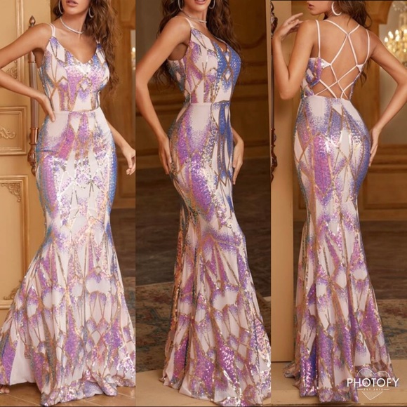 Luxurious Sequins Mermaid Backless Prom Evening Party Formal Gown Floor Dress - Picture 4 of 13